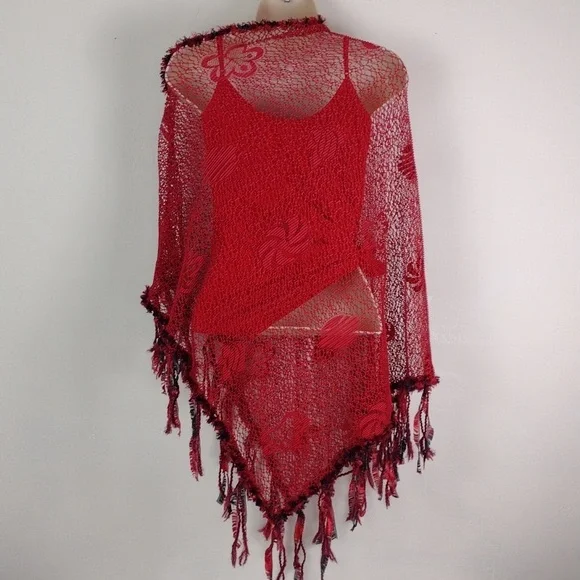Not Your Mama's Pocncho Red Crocheted Killer Fring Super Cool Must Have Poncho! - Picture 7 of 10
